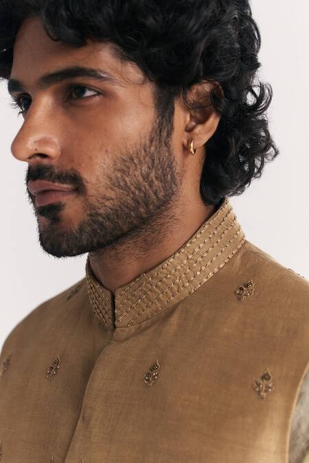 Shop_Studio Bagechaa_Brown Linen, Satin, Tissue, Organza, Chanderi Dilawar Green Nehru Jacket Set _Online_at_Aza_Fashions