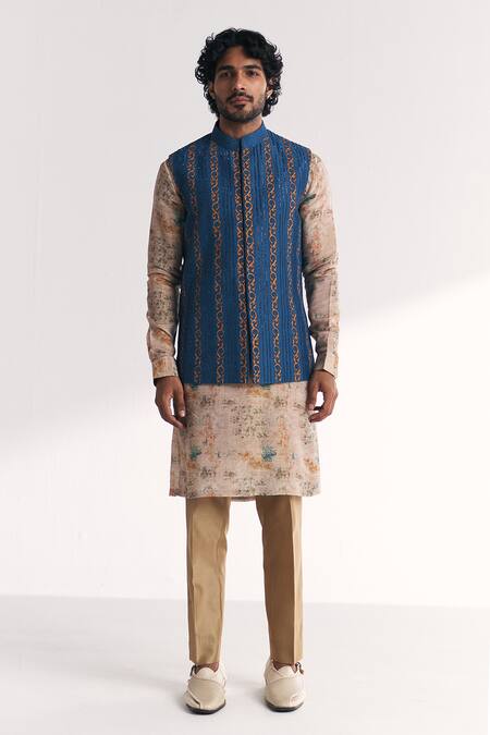 Studio Bagechaa_Blue Tissue, Organza, Chanderi Embroidery, Beads Musawir Nehru Jacket Set _Online_at_Aza_Fashions