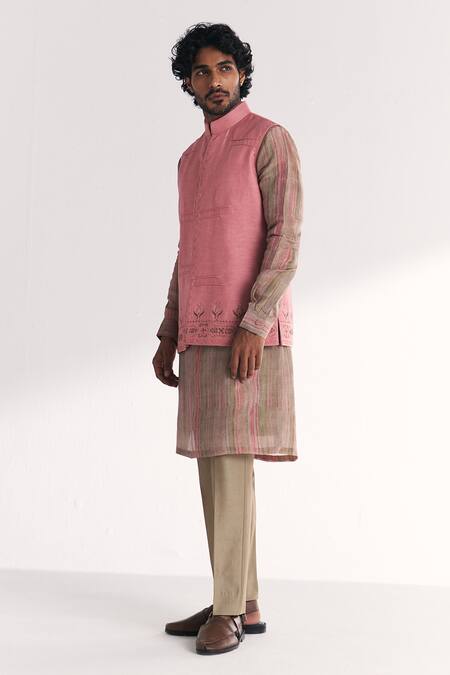 Studio Bagechaa_Pink Tissue, Organza, Chanderi Embroidery Dino Nehru Jacket Set _Online_at_Aza_Fashions