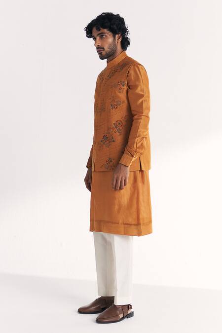Studio Bagechaa Yellow Linen, Satin, Chanderi Embroidery, Mahwar Mustard Nehru Jacket Set Online at Aza Fashions Studio Bagechaa_Yellow Linen, Satin, Chanderi Embroidery, Mahwar Mustard Nehru Jacket Set _Online_at_Aza_Fashions