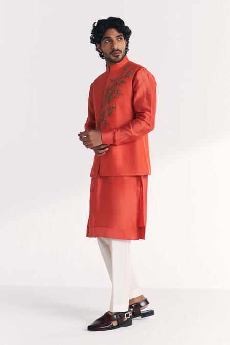 Buy_Studio Bagechaa_Orange Linen, Satin, Chanderi Embroidery Rawal Tangerine Nehru Jacket Set _Online_at_Aza_Fashions