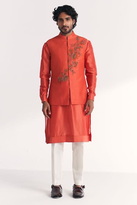 Studio Bagechaa Rawal Tangerine Embroidered Nehru Jacket Set 
