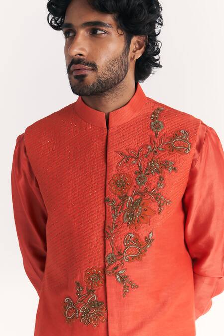 Shop_Studio Bagechaa_Orange Linen, Satin, Chanderi Embroidery Rawal Tangerine Nehru Jacket Set _Online_at_Aza_Fashions