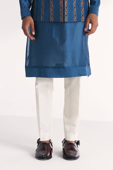 Buy_Studio Bagechaa_Blue Linen, Satin, Chanderi Embroidery Shahid Nehru Jacket Set _Online_at_Aza_Fashions