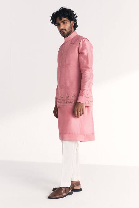 Buy_Studio Bagechaa_Pink Linen, Satin, Chanderi Embroidery Jal Nehru Jacket Set _Online_at_Aza_Fashions