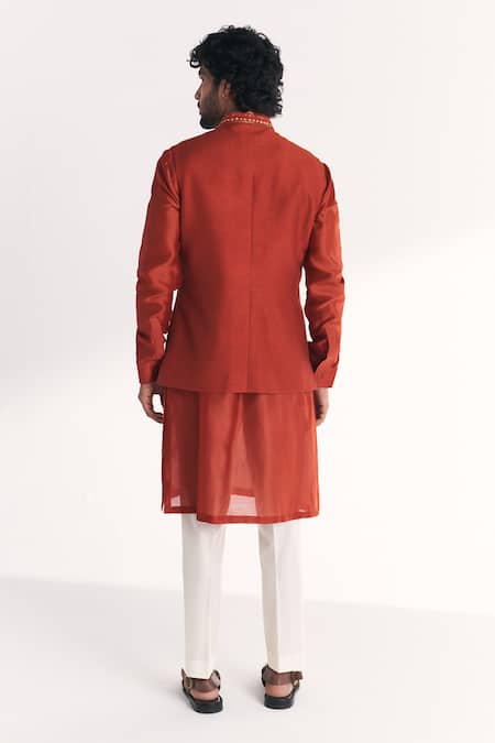 Studio Bagechaa_Orange Linen, Satin, Chanderi Embroidery, Sequins Shamsi Rust Nehru Jacket Set _Online_at_Aza_Fashions