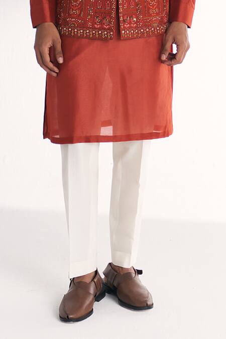 Buy_Studio Bagechaa_Orange Linen, Satin, Chanderi Embroidery, Sequins Shamsi Rust Nehru Jacket Set _Online_at_Aza_Fashions