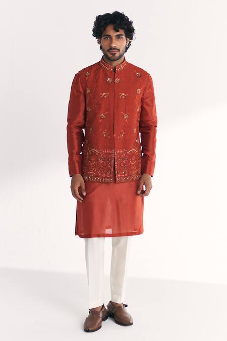 Shop_Studio Bagechaa_Orange Linen, Satin, Chanderi Embroidery, Sequins Shamsi Rust Nehru Jacket Set _Online_at_Aza_Fashions