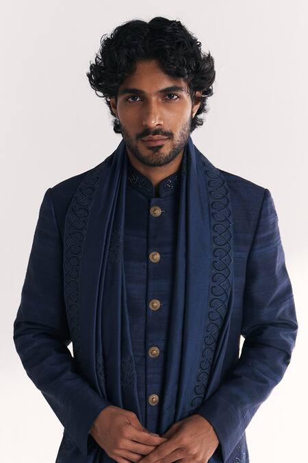 Studio Bagechaa Blue Chanderi, Silk Embroidery Jauhar Achkan Set Online at Aza Fashions Studio Bagechaa_Blue Chanderi, Silk Embroidery Jauhar Achkan Set _Online_at_Aza_Fashions