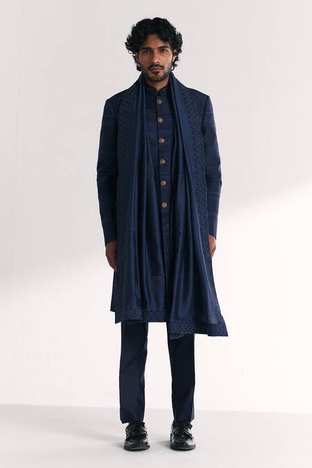 Buy Studio Bagechaa Blue Chanderi, Silk Embroidery Jauhar Achkan Set Online at Aza Fashions Buy_Studio Bagechaa_Blue Chanderi, Silk Embroidery Jauhar Achkan Set _Online_at_Aza_Fashions