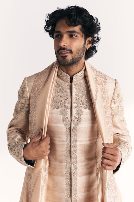 Studio Bagechaa_Ivory Chanderi, Silk Embroidery Utsav Achkan Set _Online_at_Aza_Fashions