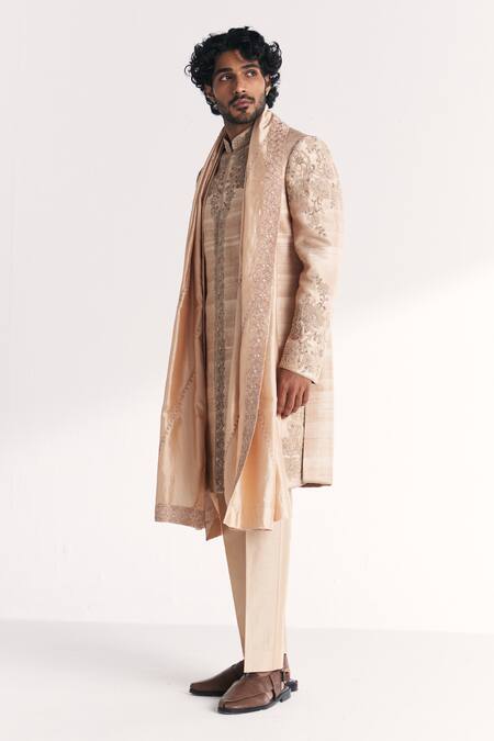 Buy_Studio Bagechaa_Ivory Chanderi, Silk Embroidery Utsav Achkan Set _Online_at_Aza_Fashions