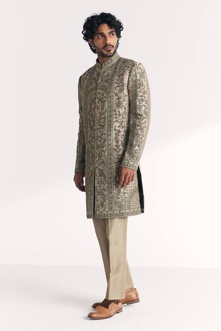Studio Bagechaa_Beige Silk, Chanderi Embroidery, Stones, Sequins Karan Green Achkan Set _Online_at_Aza_Fashions
