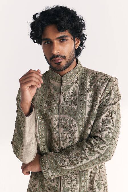 Buy_Studio Bagechaa_Beige Silk, Chanderi Embroidery, Stones, Sequins Karan Green Achkan Set _Online_at_Aza_Fashions