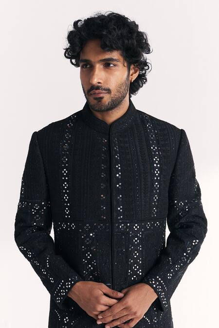 Studio Bagechaa Black Silk, Chanderi Embroidery, Sequins Kunj Achkan Set Online at Aza Fashions Studio Bagechaa_Black Silk, Chanderi Embroidery, Sequins Kunj Achkan Set _Online_at_Aza_Fashions