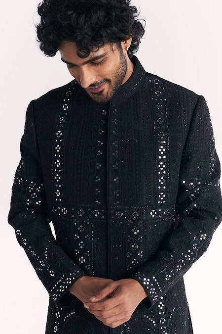Buy Studio Bagechaa Black Silk, Chanderi Embroidery, Sequins Kunj Achkan Set Online at Aza Fashions Buy_Studio Bagechaa_Black Silk, Chanderi Embroidery, Sequins Kunj Achkan Set _Online_at_Aza_Fashions