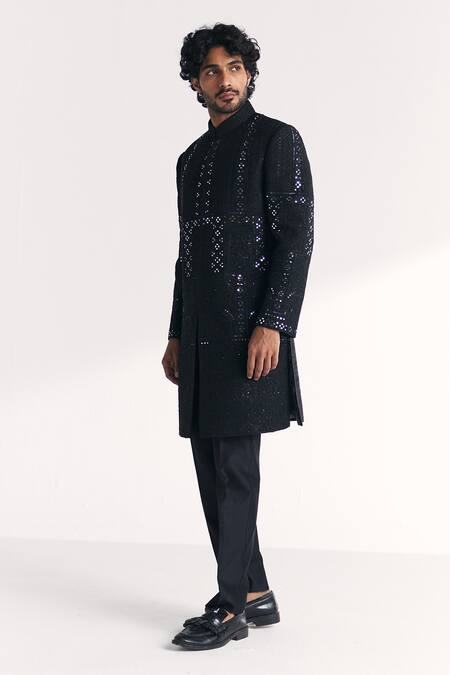 Shop Studio Bagechaa Black Silk, Chanderi Embroidery, Sequins Kunj Achkan Set Online at Aza Fashions Shop_Studio Bagechaa_Black Silk, Chanderi Embroidery, Sequins Kunj Achkan Set _Online_at_Aza_Fashions