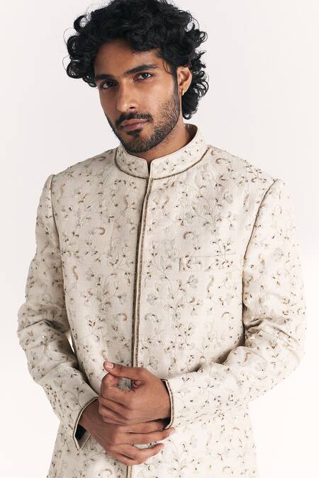 Buy_Studio Bagechaa_Ivory Chanderi, Silk Embroidery, Zari Vyom Achkan Set _Online_at_Aza_Fashions