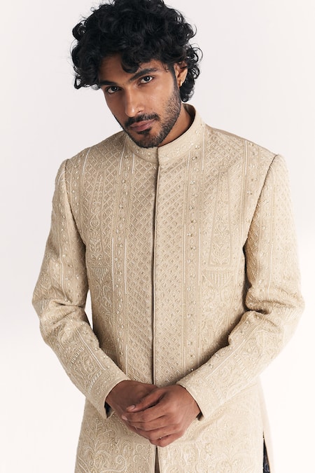 Studio Bagechaa_Ivory Chanderi, Silk Embroidery Rustom Achkan Set _Online_at_Aza_Fashions