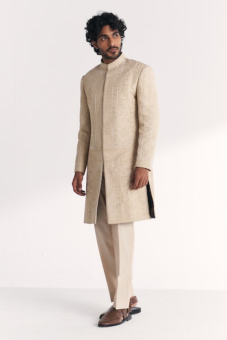 Buy_Studio Bagechaa_Ivory Chanderi, Silk Embroidery Rustom Achkan Set _Online_at_Aza_Fashions