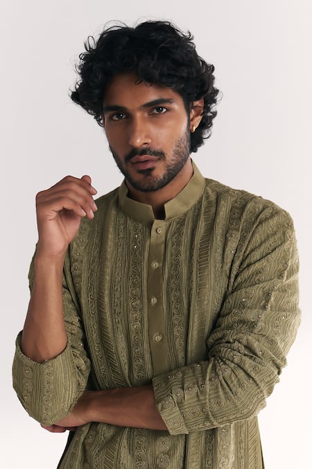 Shop Studio Bagechaa Green Chanderi Embroidery, Beads Rajbari Kurta Set Online at Aza Fashions Shop_Studio Bagechaa_Green Chanderi Embroidery, Beads Rajbari Kurta Set _Online_at_Aza_Fashions