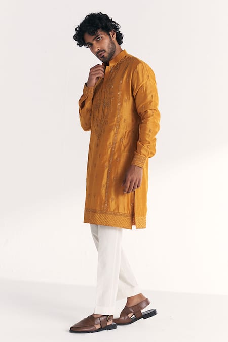 Buy Studio Bagechaa Mustard Chanderi Embroidery Qamar Kurta Set Online at Aza Fashions Buy_Studio Bagechaa_Mustard Chanderi Embroidery Qamar Kurta Set _Online_at_Aza_Fashions