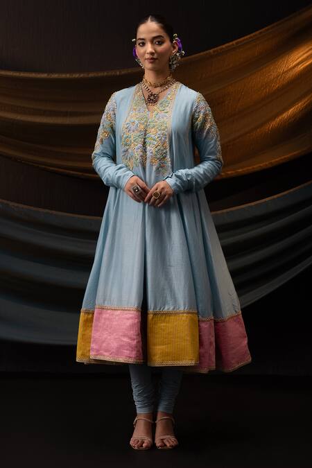Svastih_Blue Chanderi Silk, Cotton, Lycra, Organza Gulnar 3d Floral Anarkali Set _Online_at_Aza_Fashions