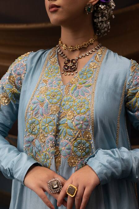 Buy_Svastih_Blue Chanderi Silk, Cotton, Lycra, Organza Gulnar 3d Floral Anarkali Set _Online_at_Aza_Fashions