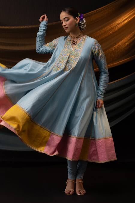 Shop_Svastih_Blue Chanderi Silk, Cotton, Lycra, Organza Gulnar 3d Floral Anarkali Set _Online_at_Aza_Fashions