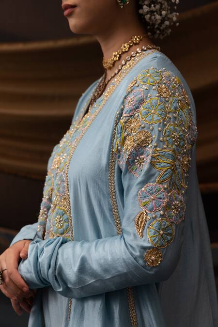 Svastih_Blue Chanderi Silk, Cotton, Lycra, Organza Gulnar 3d Floral Anarkali Set _at_Aza_Fashions