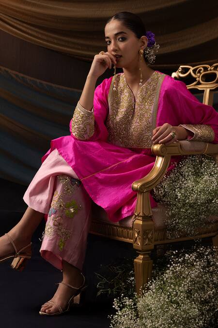 Buy_Svastih_Fuchsia Silk, Chanderi Embroidery, Pearls, Sequins, Yasmin Tunic And Pant Set _Online_at_Aza_Fashions