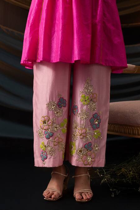 Shop_Svastih_Fuchsia Silk, Chanderi Embroidery, Pearls, Sequins, Yasmin Tunic And Pant Set _Online_at_Aza_Fashions