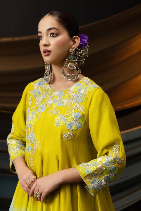 Shop_Svastih_Green Chanderi Silk Applique, Nargis Ombre Floral Anarkali And Tie Dye Salwar _Online_at_Aza_Fashions