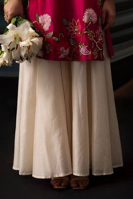 Svastih_Magenta Silk, Chanderi Embroidery, Applique, Meher Floral Kurta And Sharara Set _Online_at_Aza_Fashions