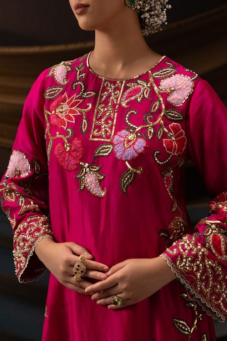 Shop_Svastih_Magenta Silk, Chanderi Embroidery, Applique, Meher Floral Kurta And Sharara Set _Online_at_Aza_Fashions