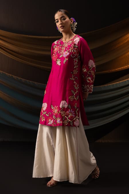 Svastih_Magenta Silk, Chanderi Embroidery, Applique, Meher Floral Kurta And Sharara Set _at_Aza_Fashions