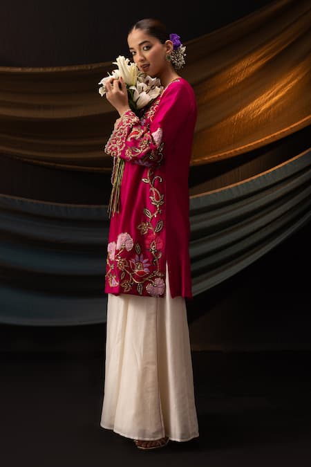 Buy_Svastih_Magenta Silk, Chanderi Embroidery, Applique, Meher Floral Kurta And Sharara Set 