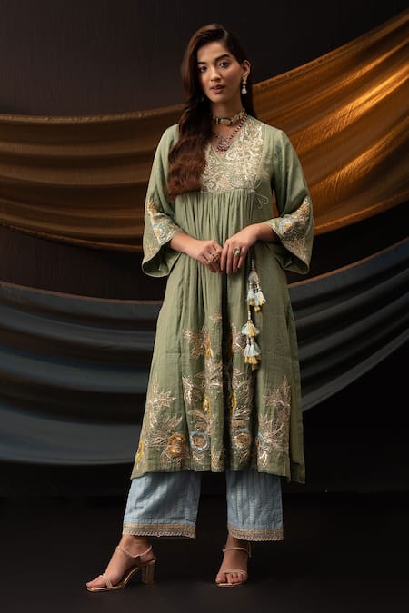 Svastih Green Chanderi, Tissue Applique, Zari, 3d Floral Embroidered Kurta And Pant Online at Aza Fashions Svastih_Green Chanderi, Tissue Applique, Zari, 3d Floral Embroidered Kurta And Pant _Online_at_Aza_Fashions