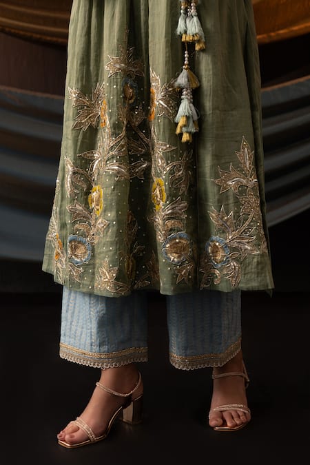 Buy Svastih Green Chanderi, Tissue Applique, Zari, 3d Floral Embroidered Kurta And Pant Online at Aza Fashions Buy_Svastih_Green Chanderi, Tissue Applique, Zari, 3d Floral Embroidered Kurta And Pant _Online_at_Aza_Fashions