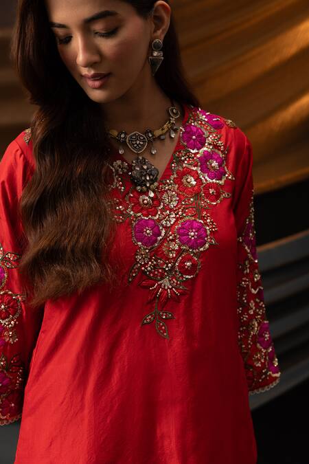 Shop_Svastih_Red Silk, Chanderi Applique, Embroidery, Ruhani 3d Floral Work Kurta And Pant Set _Online_at_Aza_Fashions