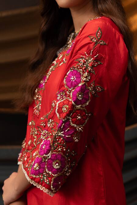 Svastih_Red Silk, Chanderi Applique, Embroidery, Ruhani 3d Floral Work Kurta And Pant Set _at_Aza_Fashions