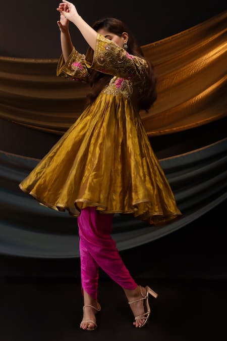 Svastih_Gold Tissue, Silk Applique, Gulnoor 3d Floral Work Anarkali With Dhoti Pant _Online_at_Aza_Fashions