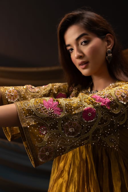 Shop_Svastih_Gold Tissue, Silk Applique, Gulnoor 3d Floral Work Anarkali With Dhoti Pant _Online_at_Aza_Fashions