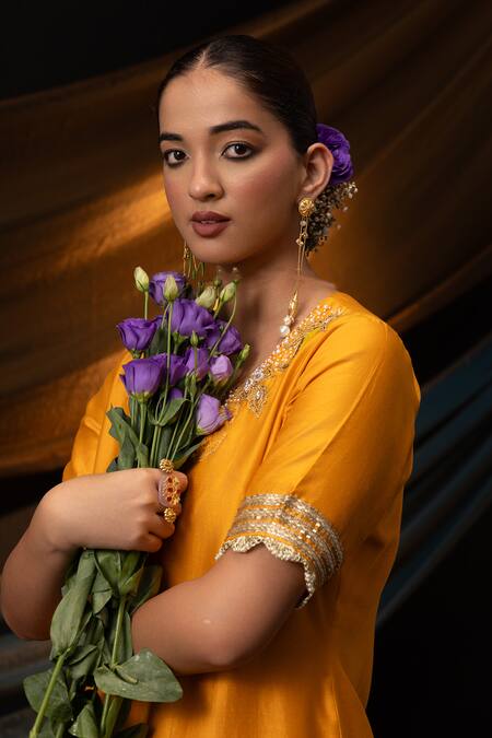 Shop_Svastih_Orange Silk, Silk, Zeenat 3d Floral Kurta With Farshi Salwar _Online_at_Aza_Fashions