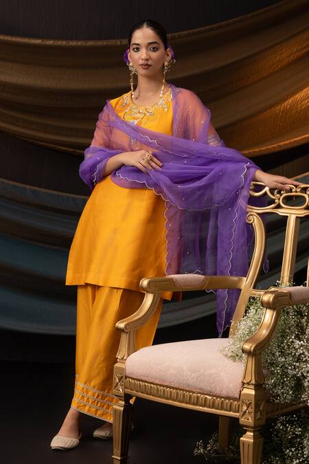 Buy_Svastih_Orange Silk, Silk, Zeenat 3d Floral Kurta With Farshi Salwar 