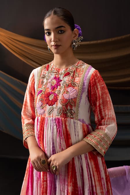Buy_Svastih_Red Chanderi, Silk Applique, Parizad Tie Dye Floral Anarkali And Pant Set _Online_at_Aza_Fashions