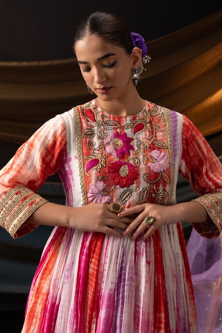 Shop_Svastih_Red Chanderi, Silk Applique, Parizad Tie Dye Floral Anarkali And Pant Set _Online_at_Aza_Fashions