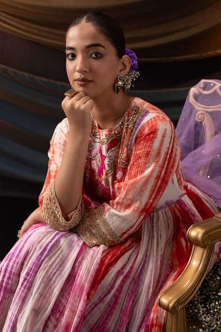 Svastih_Red Chanderi, Silk Applique, Parizad Tie Dye Floral Anarkali And Pant Set _at_Aza_Fashions