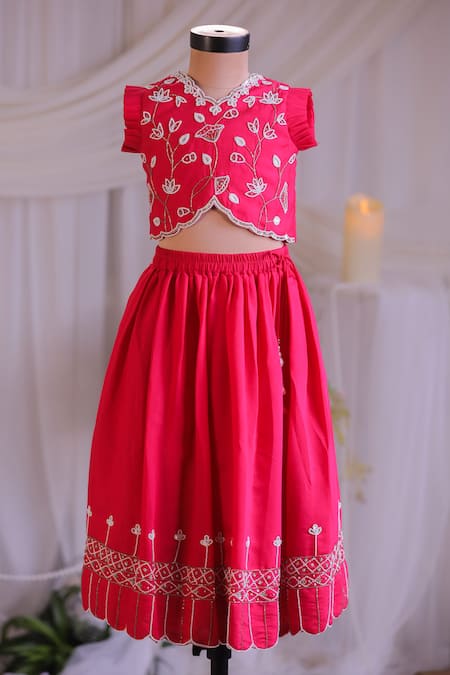 Lil Angels_Pink Silk Embroidery Lehenga Set _Online_at_Aza_Fashions