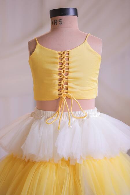 Lil Angels_Yellow Cotton, Net Beads, Embroidery Butterfly Frill Lehenga With Blouse _Online_at_Aza_Fashions